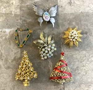 Lotto Spille Spille Vintage Albero di Natale BSK Strass Sol D'or Arpa Farfalla++! - Foto 1 di 22
