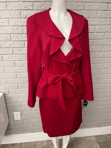 Neu mit Etikett Emily Damen rot Langarm Rüschenkragen 2-teilig Rock Anzug Größe 18 - Bild 1 von 9
