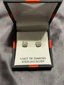 NEW 1/10 TW Diamond Sterling Silver Stud Earrings With Gift Box. Women/ Girls - Picture 1 of 6