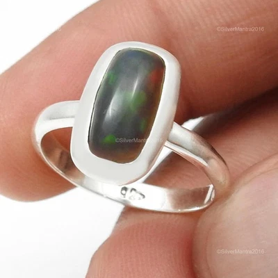 925 Argento Sterling Nera Naturale Opale Cocktail Mamma Nuovo Anello Misura 7.5 - Immagine 1 di 4