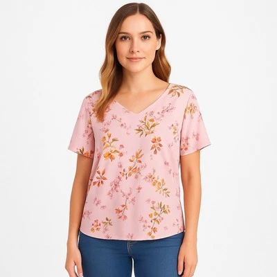 Pink Floral V-Neck Top – Short Sleeve Lightweight Blouse, Liz Claiborne, Size  L - Image 1 of 4