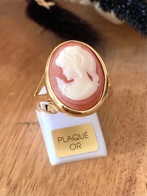 BIJOUXIA Bague Camée rouge cornaline armature lisse en plaqué or 18 carats 750/000