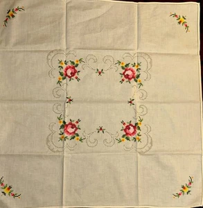 Vintage Embroidered Cross Stitch Floral Square Table Cloth Linen 33x33 Handmade - Picture 1 of 24