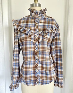 Women's Vintage 70's Gunne STYLE Cottagecore Ruffle Plaid Blouse Prairie M - Picture 1 of 4