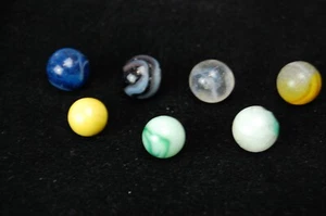 7 Vintage Handmade Marbles 1/2" Blue Yellow Green Clear - Picture 1 of 8
