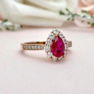 Pear Cut Simulated Pink Ruby Halo Women's Wedding Ring In 14k Rose Gold Plated - Picture 1 of 6
