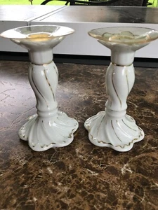 Pair (2) Two Vintage Porcelain White & Gold Candlestick Holders w/Wax Catchers - Picture 1 of 7