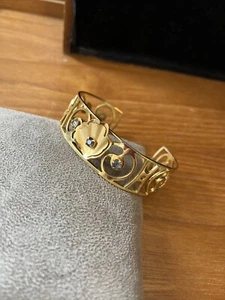 Vintage Rolled Gold Plated Floral Cuff Bangle Bracelet With Rhinestones 1950’s - Picture 1 of 8