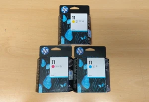 HP 11 CARTUCCIE ORIGINALI 28 ml MAGENTA GIALLO CIANO C4837A C4838A C4836A NUOVE - Afbeelding 1 van 11