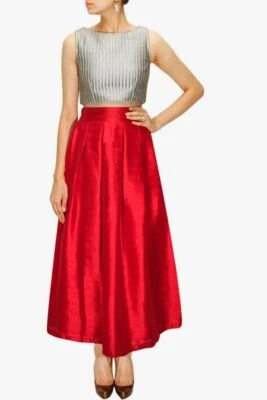 Falda de Seda Cruda Moda Mujeres Falda Roja Longitud Midi Acampanada Maxi Falda Regalo para Ella Foto 1 de 4
