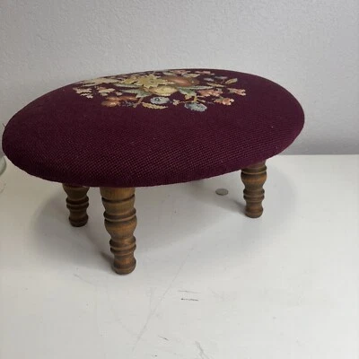 Vintage Needlepoint Footstool Turned Spindle Legs Oval Maroon Fruit Floral 8” H - Image 1 of 4