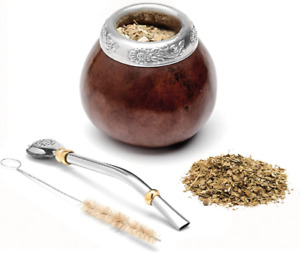 Yerba Mate Gourd Set with Mate Tea Cup, Bombilla and Brush, Brown