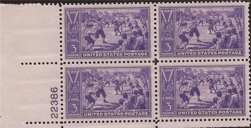US Stamp 1939 Baseball Centennial Plate Block of 4 Stamps MNH #855 - Image 1 of 1
