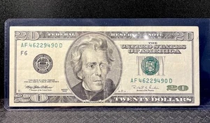 1996 $20 dollar bill, Federal Reserve NOTE AF46229490D [F6] Dbl 2’s Dk Gren Seal - Picture 1 of 14