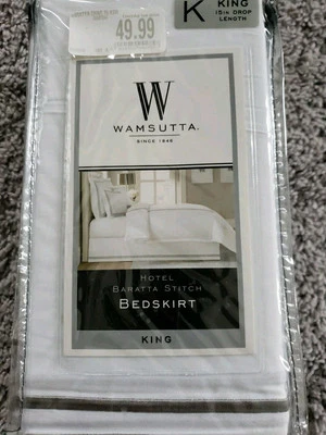 New Wamsutta King Baratta Stitch Bedskirt  Cotton Sateen 15-Inch Drop White/Gray - Image 1 of 4