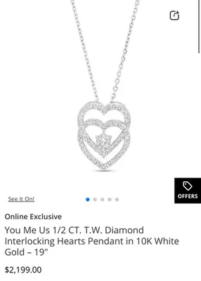 "Colgante You Me Us de 1/2 quilate dos diamantes corazones entrelazados en oro blanco de 10 k 19""" Foto 1 de 4