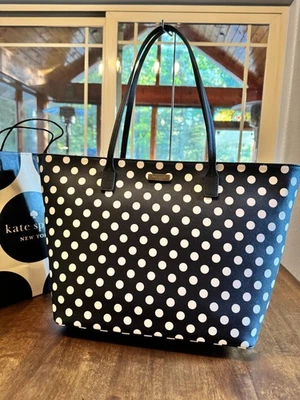 Kate Spade Shore Street Margareta Tote Blue White Deco Beige Picture Polka Dot - Image 1 of 4