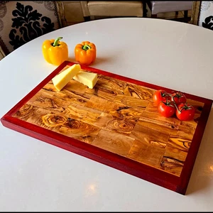 Two-Tone Wooden Cutting Board with Red Border - Artisan Butcher Block Platter - Picture 1 of 14