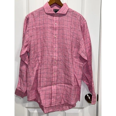 Lands End Baird McNutt Irish Linen Pink Plaid Button Up Shirt Men Size 15 1/2 33 - Image 1 of 4
