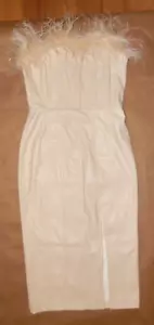 Womens Dress Medium M Fate Jayne Faux Feather Trimmed Pleather Midi Ecru Beige - Picture 1 of 19