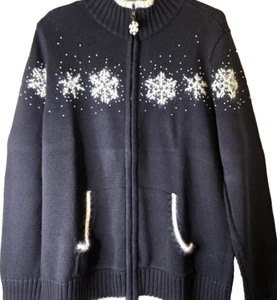 Quacker Factory Sweater Womens L Blk Snowflake Winter Zip Cardigan Luxury Comfy - Picture 1 of 15