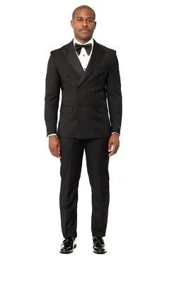 Slim Fit Double Breast Men's Black Tuxedo Peak Lapel Flat Front Pants AZARMAN - Image 1 of 4