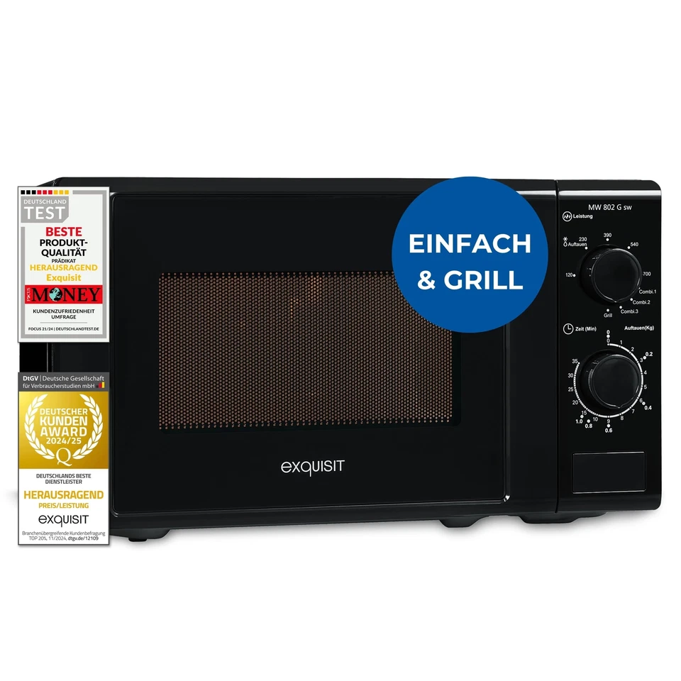 Exquisit Mikrowelle 20L, 1000 W Grill, 700 W, 25,5cm Drehteller, MW 802G schwarz - Bild 1 von 4