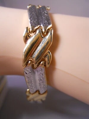 PULSERA AURAFIN ORO AMARILLO 14K ORO BLANCO DISEÑO 2 FILAS BARRA ORO CADENA ESLABÓN 7" Foto 1 de 4