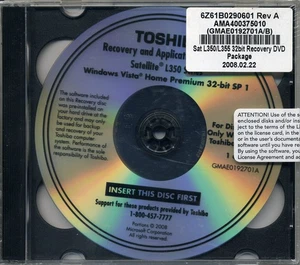 Toshiba Recovery and Applications/Drivers Media Instructions DVD Satellite L350 - Picture 1 of 2