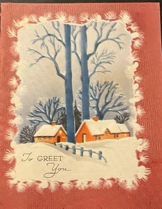 Vintage Weihnachtsgrußkarte Majestätische Bäume Lattenzaun zu kleinen verschneiten Häusern - Bild 1 von 3