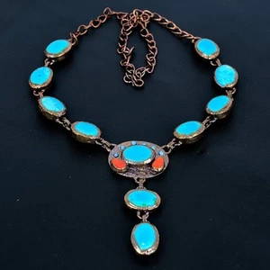 Blue Turquoise & Red Coral Necklace | Beautiful Handmade Copper Boho Style  a - Picture 1 of 5