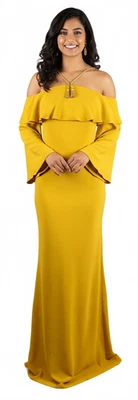 Maxi Vestido Roberto Cavalli Amarillo Dorado Hombro Descubierto con Espalda Abierta 40IT-6US Foto 1 de 4