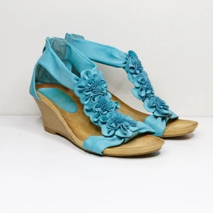 PATRIZIA Spring Step Isabella Floral Wedge Sandals Turquoise Blue Sz 37/6.5-7 - Picture 1 of 7