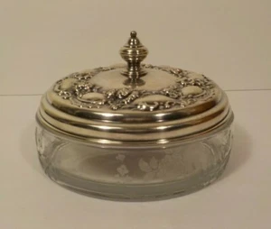 Large Etched Elegant Glass Candy Dish, Chased Sterling Silver Lid - Picture 1 of 12