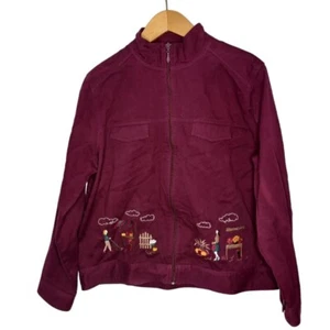 Breckenridge Women's Maroon Zip Jacket Embroidered Farmer's Market Scene Sz L - Picture 1 of 5