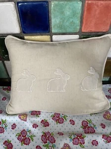 M&S Marks Spencer Beige Blue Bunny Motif Linen Cotton Blend Cushion 40cm x 30 cm - Picture 1 of 9