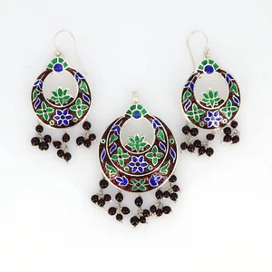 Trachten Cloisonné Anhänger mit Ohrringen Vintage Floral Blumen Schmuck - Bild 1 von 8