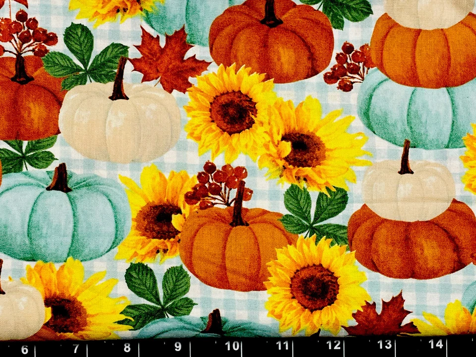 Tina SCRAP 9"x21" Plaid Leaf Pumpkin Fall Autumn Harvest Aqua Cotton Fabric - Image 1 of 1
