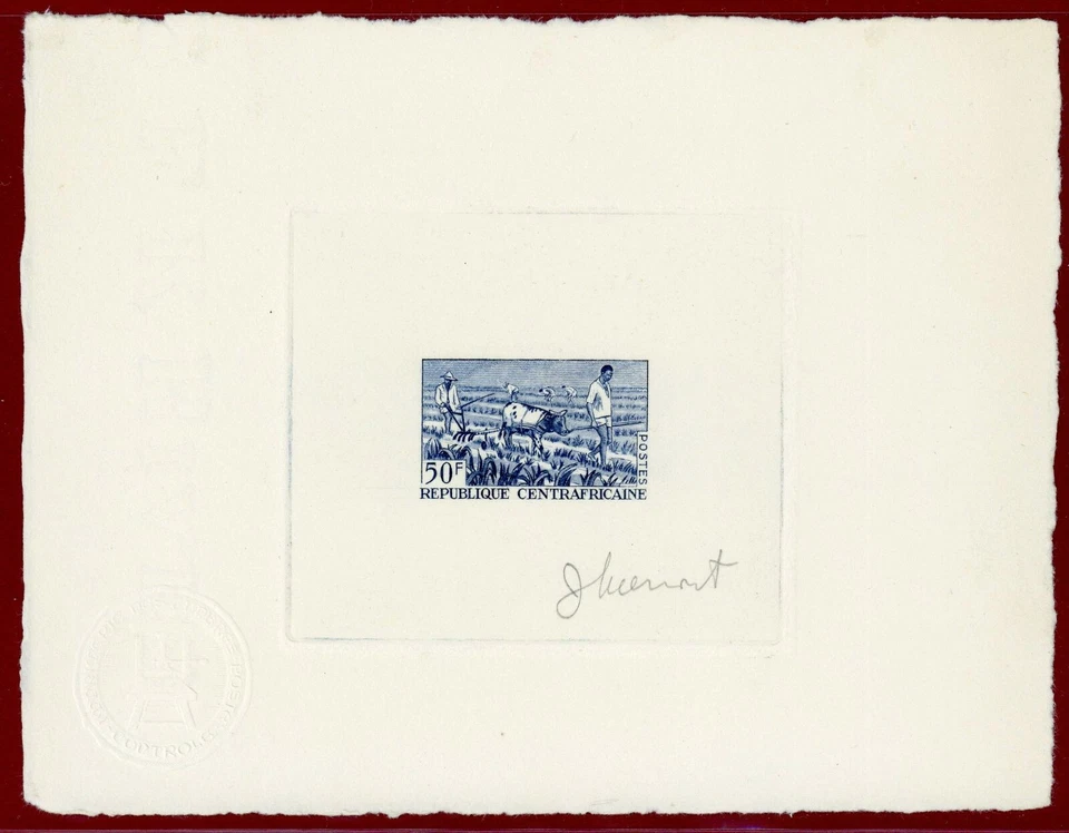 Central Africa 1965 #42, Artist Signed Die Proof, Ox Pulling Harrow, Farming - Image 1 of 1