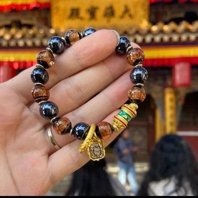 Brazalete Tesoro Cinco Colores Vidrio Beijing 10mm con Incrustación de Oro Amuleto  Foto 1 de 4