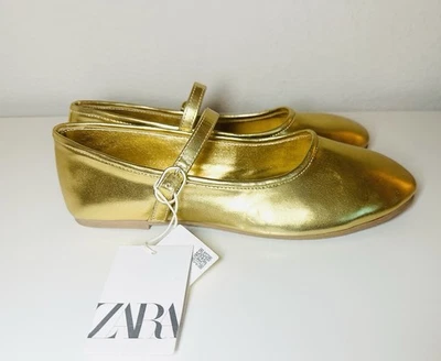 ZARA Gold Mary Jane Ballet Flats Metallic Shoes Women US 7.5 EU 38 NEW - Image 1 of 4