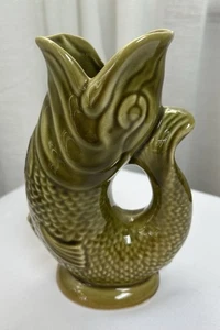 Dartmouth Pottery Devon Green Gurgle Glug Fish Jug / Vase 17cm with stickers - Picture 1 of 6