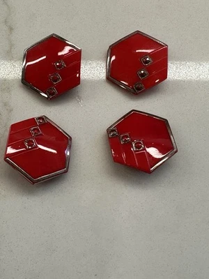 4 Vintage Octagon Shaped Red & Silver Glass Buttons W/3 Inlay Red/silver Diamond - Image 1 of 4