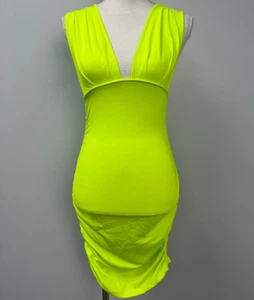 Neon Green Yellow Deep V-Neck Midi Sheath Sleeveless Dress Women's Size Small - Picture 1 of 6