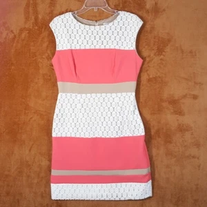 SANDRA DARREN Sheath Dress Womens Sz 10 Pink White Tan Crochet Stripe Sleeveless - Picture 1 of 9