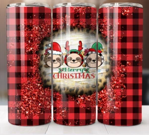 Merry Christmas Sloth Tumbler 20 oz Skinny Cup Mug Lid Straw Stainless Steel - Picture 1 of 1