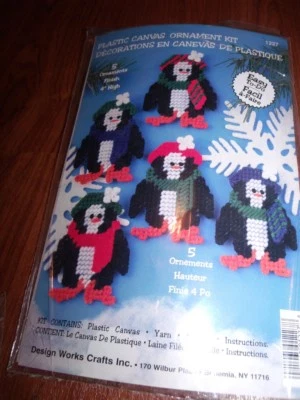 Design Works Adorable WINTER PENGUINS Ornaments Plastic Canvas Kit Makes Make 5 - Image 1 of 3