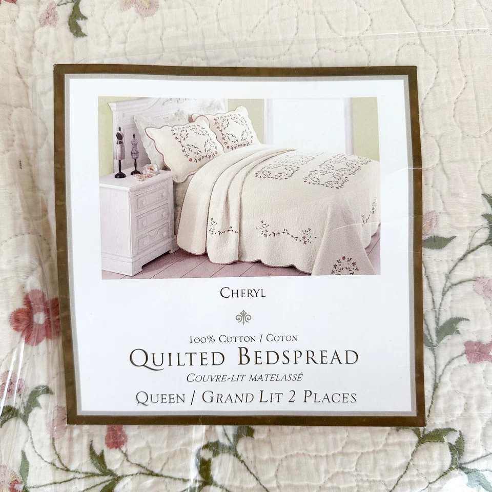 Quilted Embroidered Floral Bedspread - Queen Size Quilt - 100% Cotton - Image 1 of 4
