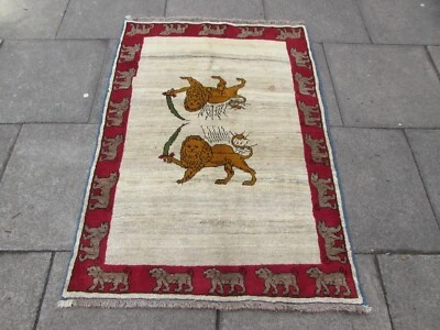 Vintage Traditional Hand Made Oriental Gabbe Wool White Rug 150x106 Animal Lion - Image 1 of 4