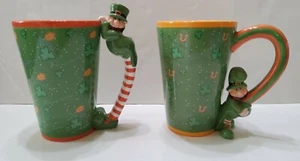 2 Irish Leprechauns Large Ceramic Coffee Mugs Tea Cups Orange Green Shamrocks - Picture 1 of 7